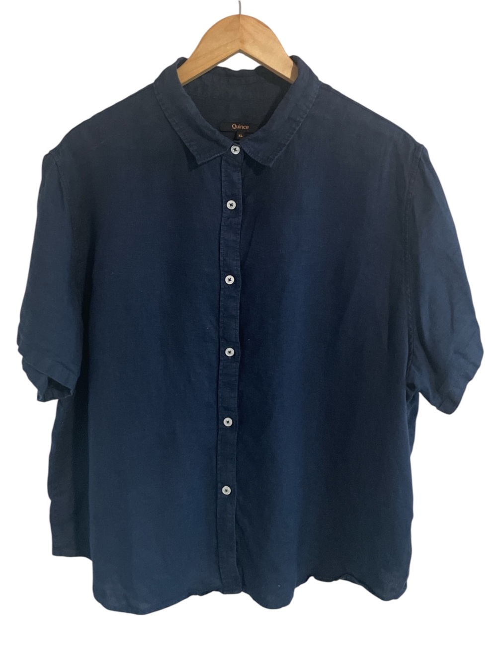 Quince Short Sleeve 100% Linen Button Down Shirt Blue XL Quiet Luxury